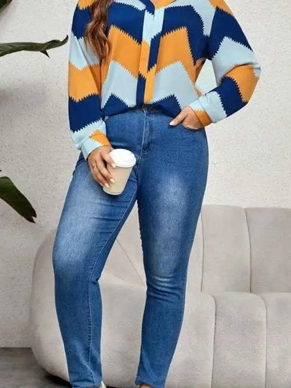 

Контрастная цветная женская блузка с длинным рукавом и V-образным вырезом, больших размеров, в стиле Cleanfit, средней длины, А-силуэт, утепленная, для зимы