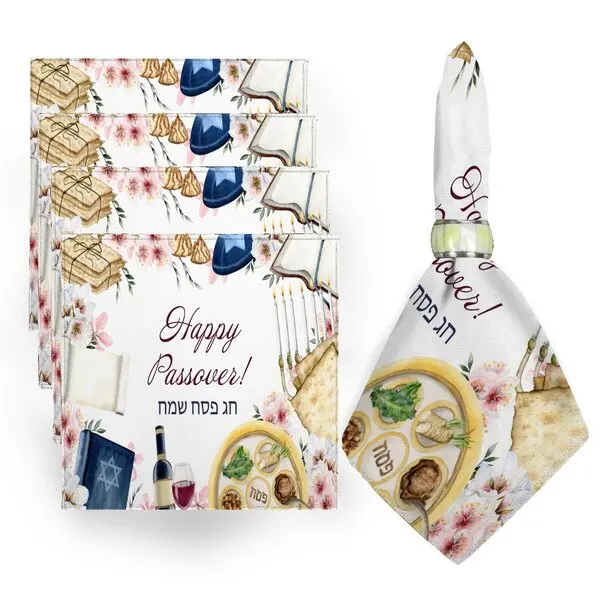 Happy Passover Flower Printed Rectangle Challah Cover for Table Decor Jewish Red Wine Matzo Kitchen Dining Napkin Passover Decor
