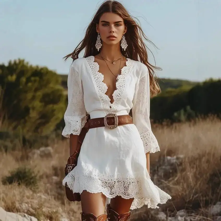 

Women's Boho Lace Deep V Neck Flare Sleeve Ruffle Hem Mini Dress Vintage Country Concert Festival Beach Party Dresses