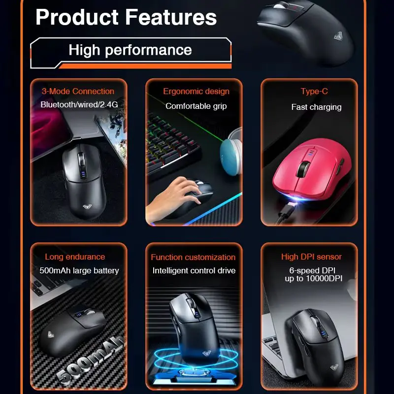 AULA SC580 Gaming Mouse Wireless Three Mode Bluetooth 2.4g Lightweight Mouse 10000 Dpi Esports Office Computer Mouse Gift