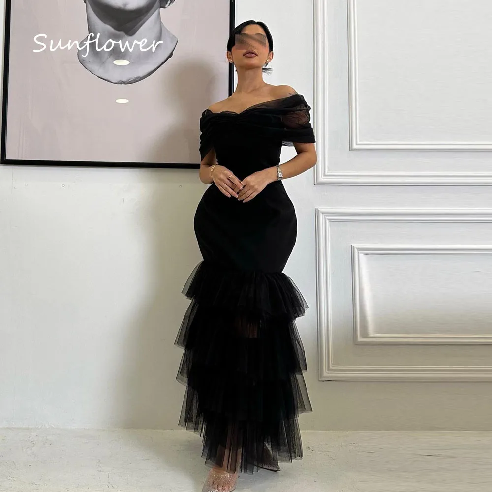 

Sunflower Black Off The Shoulder Tulle Mermaid Formal Evening Dress Saudi Arabia 2024 Slim Backless Floor-Length Prom Dress