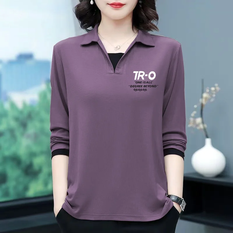 Mom Outfit Spring and Autumn Fashion New Large Size Polo-Neck Sweatshirt Solid Color Splicing Lax Appears Thin Long Sleeves Tops