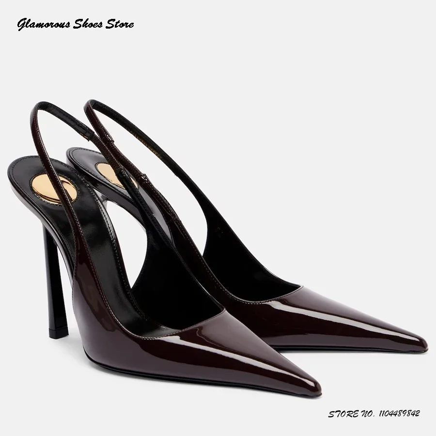 أنيقة براءات الاختراع والجلود Slingback مضخات المرأة أشار تو الكعوب رقيقة أحذية الحفلات 2025 الصيف موضة الضحلة سحب على الخناجر