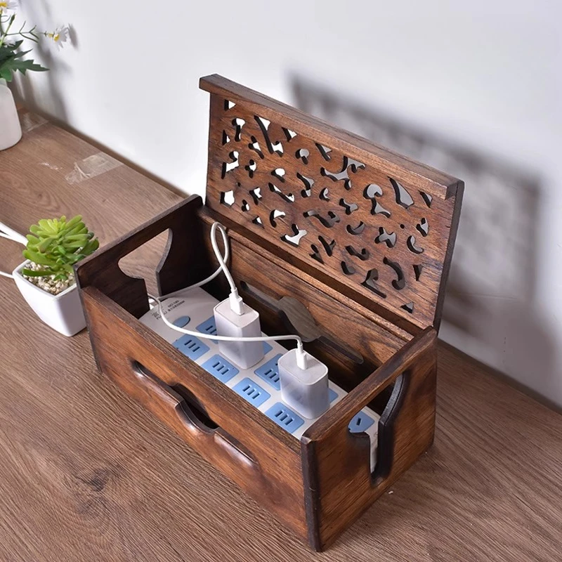 صندوق منظم الكابلات الخشبية الإبداعية، حامل قطاع الطاقة، غطاء محطة شحن متعدد الوظائف، تخزين سطح المكتب للمكتب والمنزل