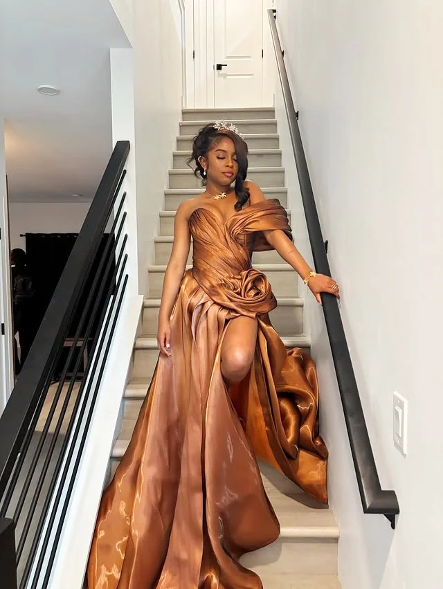 

Sexy Off The Shoulder Ruched Satin Prom Dress Brown Satin Ruched High Split Evening Gowns Sweep Train Formal Party Dress