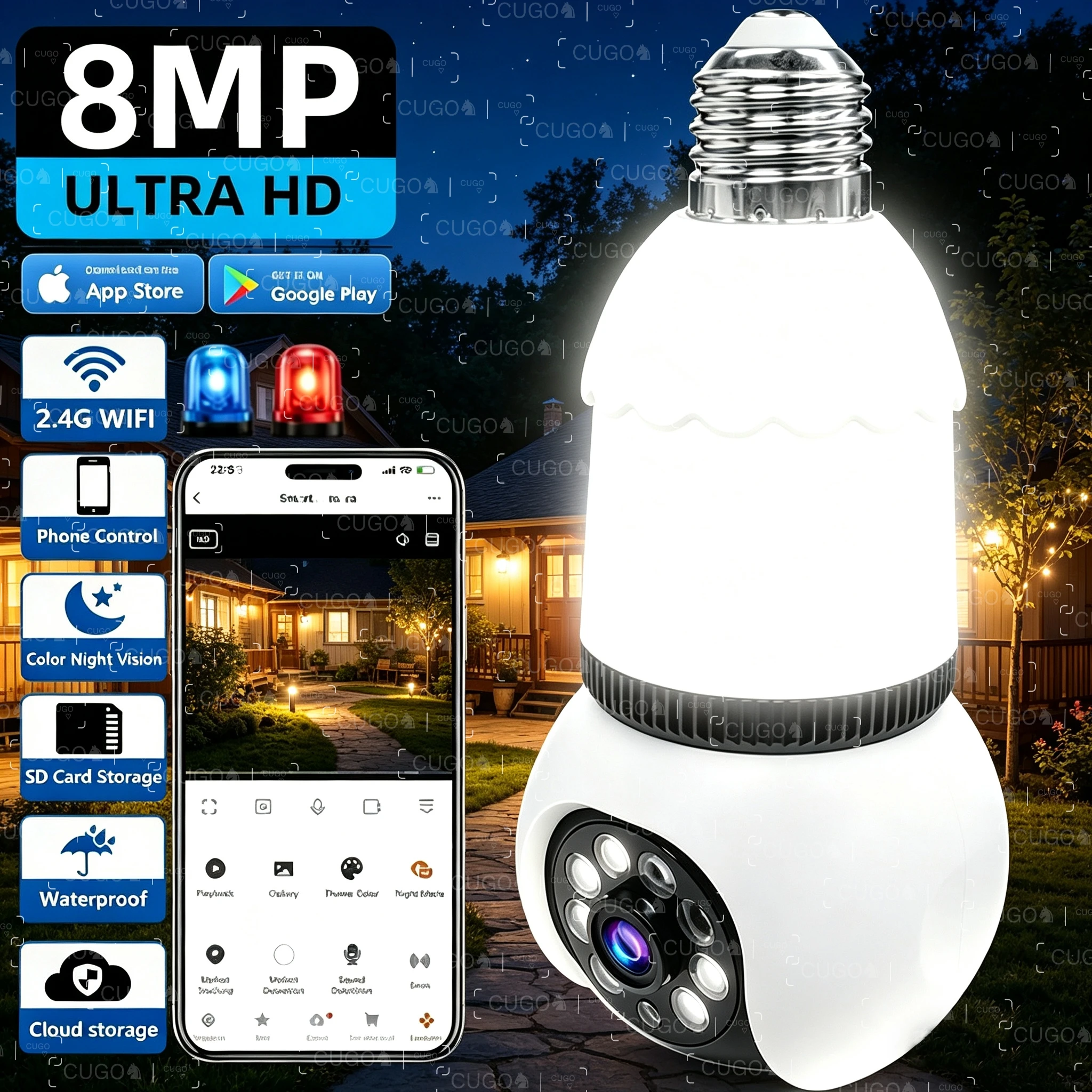 

8 МП IP-камера-лампа E27 с LED-подсветкой, умная, с двусторонней аудиосвязью, автоматическим AI-обнаружением, беспроводная Wi-Fi камера видеонаблюдения