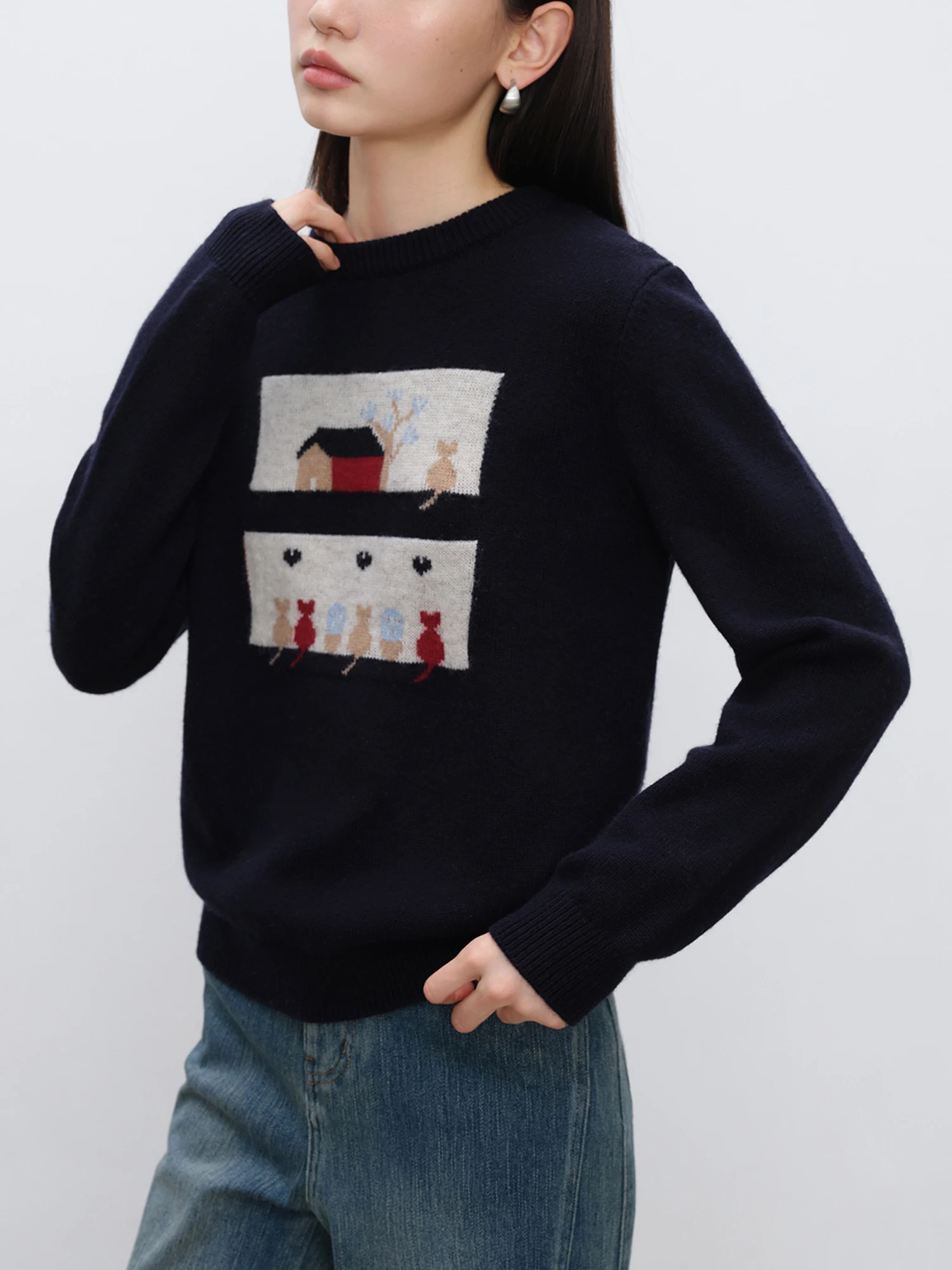 ZIQIAO 30.7% Wool Women Navy Blue Pullover Sweaters Print Patchwork Design Female Winter Round Neck Knitted Tops 24ZQ94141