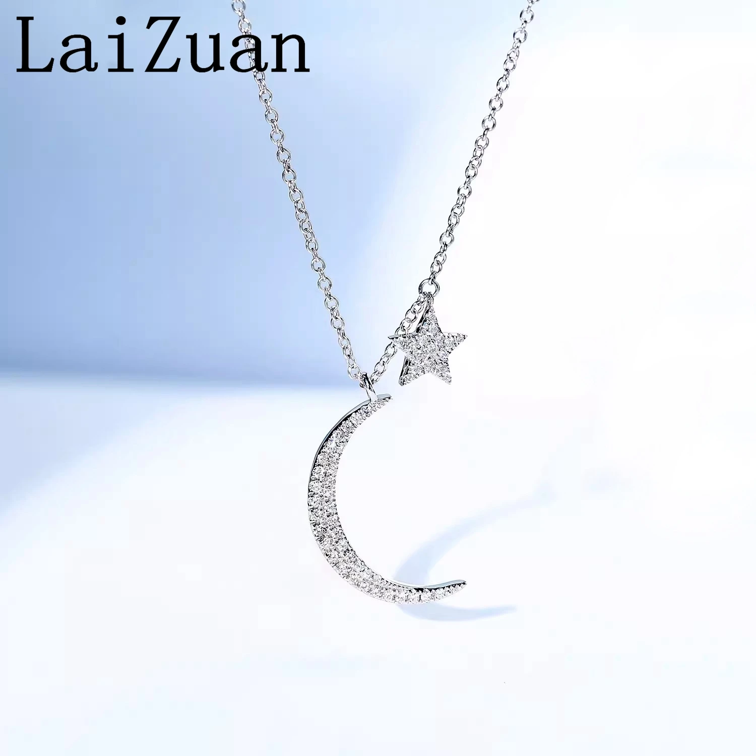 LaiZuan Solid 18k AU750 White Gold Star Moon H/SI Natural Diamond Necklace Pendant Women's Chain Luxurious Trendy Jewelry Design