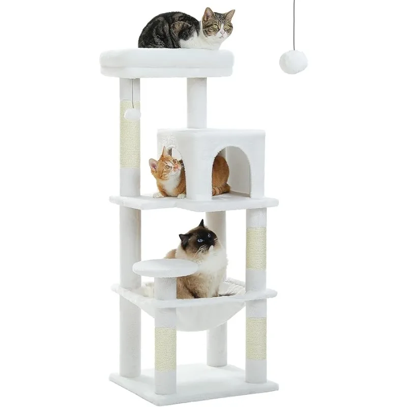 

White Cat Tree for Indoor Cats, 45.7" Multi-Level Cat Tower with Large Metal Frame Hammock, Cat Condo with 4 Scratching Posts an