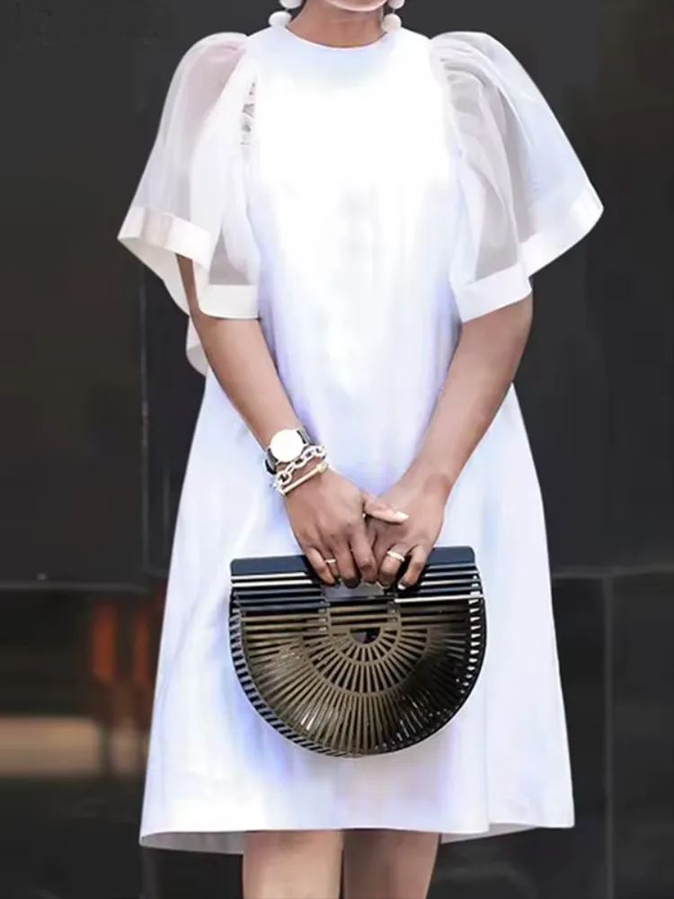 Yeezzi Modisches durchsichtiges Puffärmel-Party-Abschlussball-Midi-Kleid für Damen, einfarbig, geteiltes Gelenk, lockerer O-Ausschnitt, elegantes Bürokleid