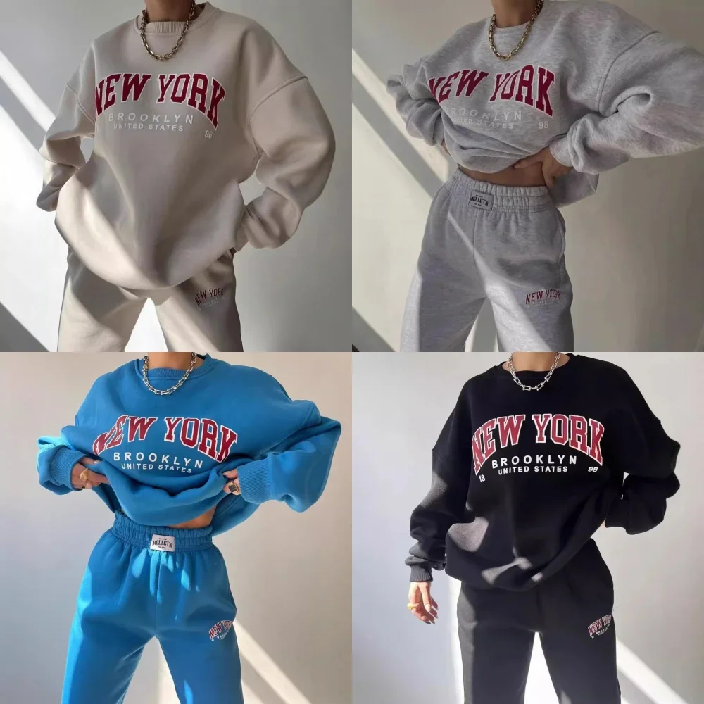 Women Letter Print Tracksuit Loose Casual O-neck Long Sleeve Sweatshirt Pant Training Two Piece Set Female Oversized Trouser Set