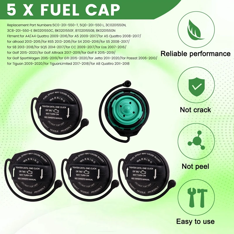 5Pcs Car Fuel Gas Tanks Cap 3C0201550N 3C8-201-550-E For Volkswagen Golf  A4