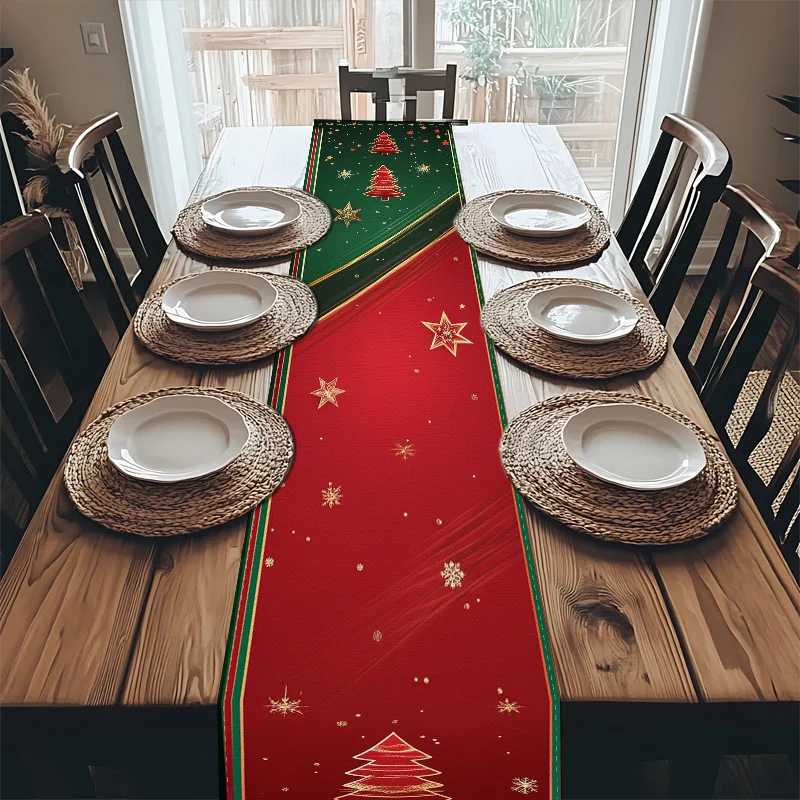 1 Piece of Christmas Themed Table Runner, Red with Green Background Painted with Golden Christmas Trees, Stars and Snowflake Patterns, Suitable for Christmas Dinners, Holiday Parties, Family Gatherings, Themed Cafes, B&B Decorations, Christmas Markets, Warm Tea Parties, Holiday Gifts