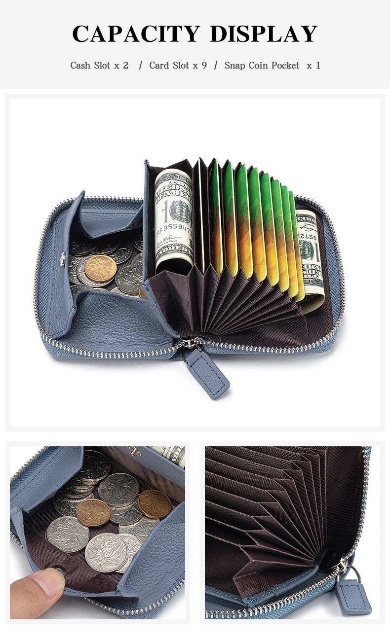 Genuine Leather Small Accordion Card Cases Holder For Women RFID Blocking Zipper Credit Card Wallet with Coin Pouch 2 Cash Slot
