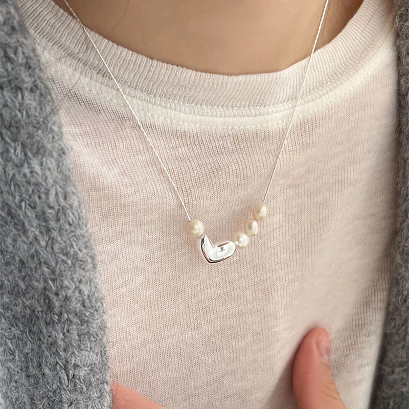Foxanry Irregular Love Heart Pearl Necklace For Women Girls Sweet Fashion Simple Elegant Clavicle Chain Anniversary Jewelry Gift