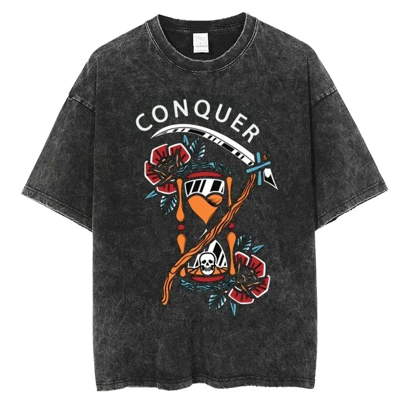

I Love Horror Movie Print T-shirt Y2K Millennial Style Short Sleeve Vintage Wash Black Short Sleeve Men's and Women's Tops