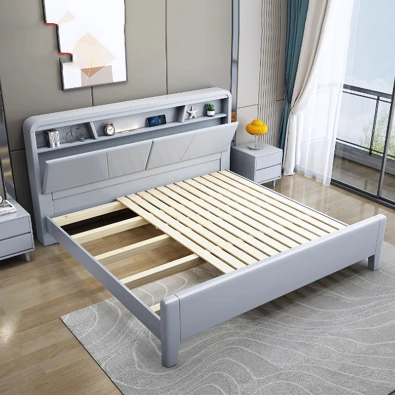 Nordic White Wood Bed High Box Storage Luxury Upholstered Bed Elegant White Frame Camas Moderrnas Inteligentes Furniture