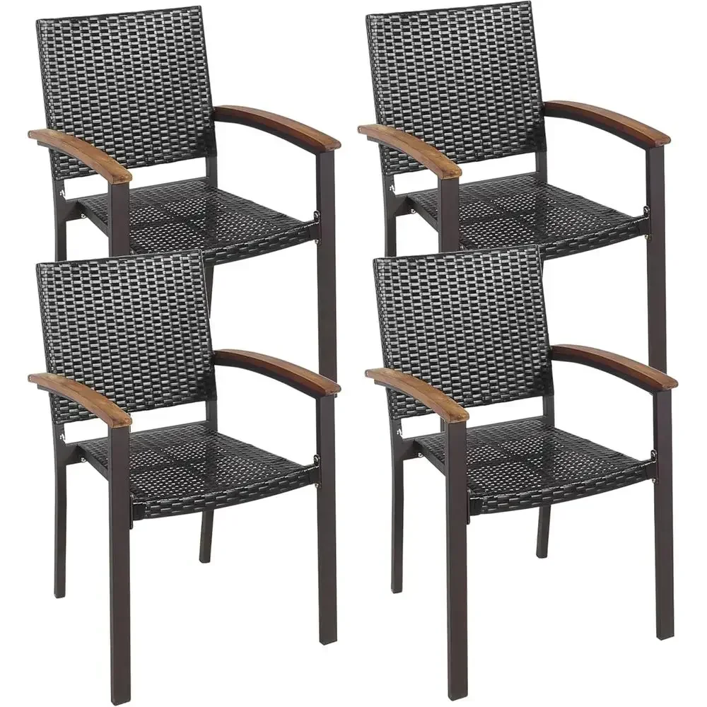 Stackable Rattan Patio Dining Chairs Set of 4 with Wood Armrests, Suitable for Outdoor and Indoor Use