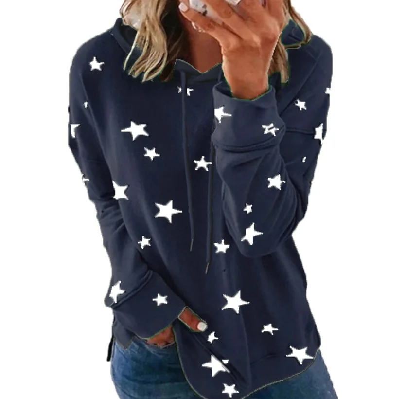 European and American women\'s star printed top loose oversized hoodie for women