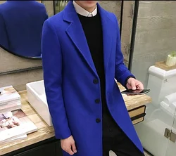 Fashion Men Winter Clothing Long Royal Blue Woolen Coat Slim Fit Wool Overcoat Male Oversized Casual Blend Tweed Jacket Boy Xxxl