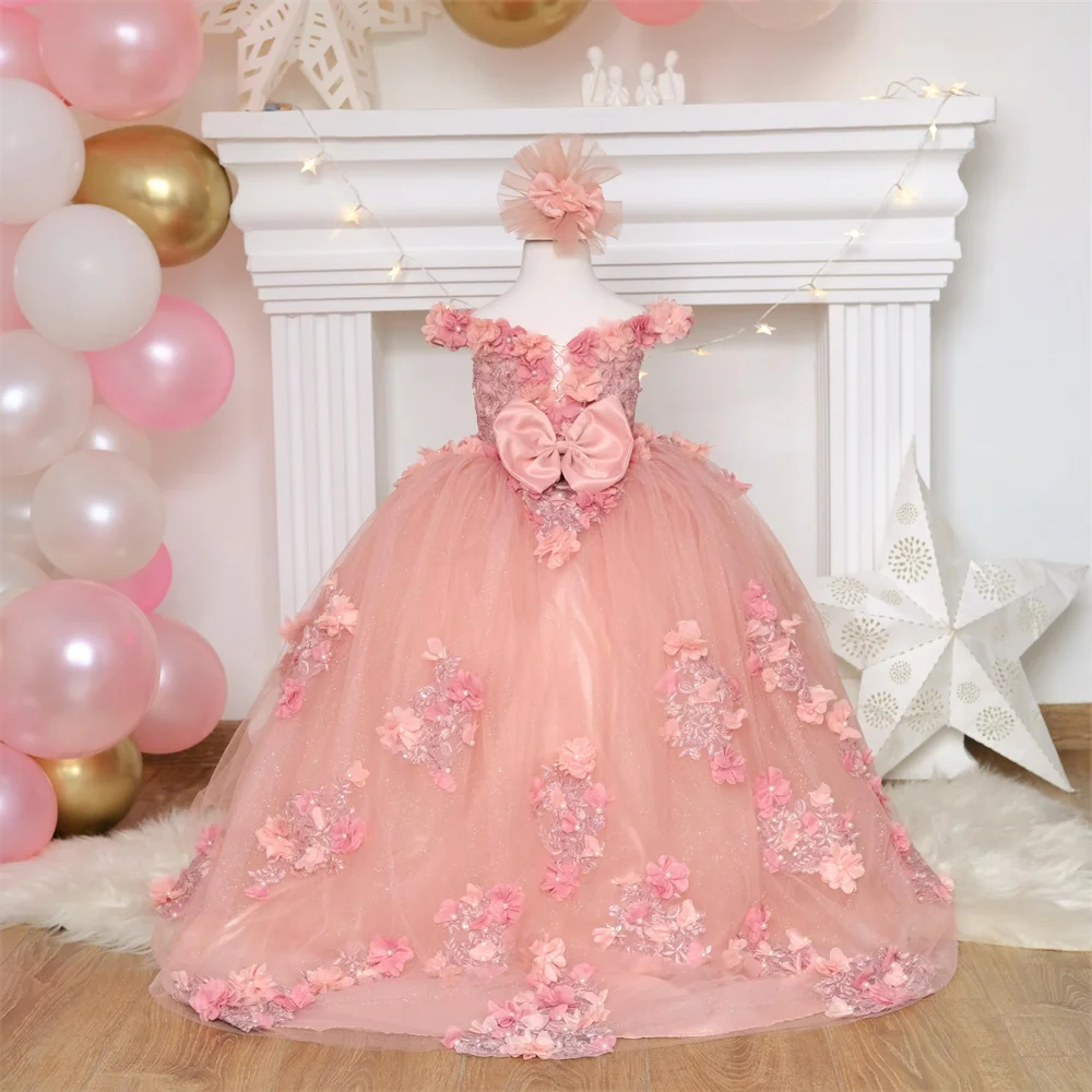 Vestido de tule rosa com flor 3d applique para menina, vestido de noiva luxuoso, gola V, vestido de baile, princesa, aniversário, primeira comunhão