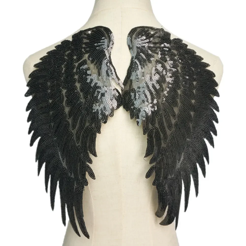 2PCS Gold Silver Rainbow Sequin Feather Angel Wings Sew Iron on Patches 33CM For Dress Jeans Shirt DIY Appliques Decoration