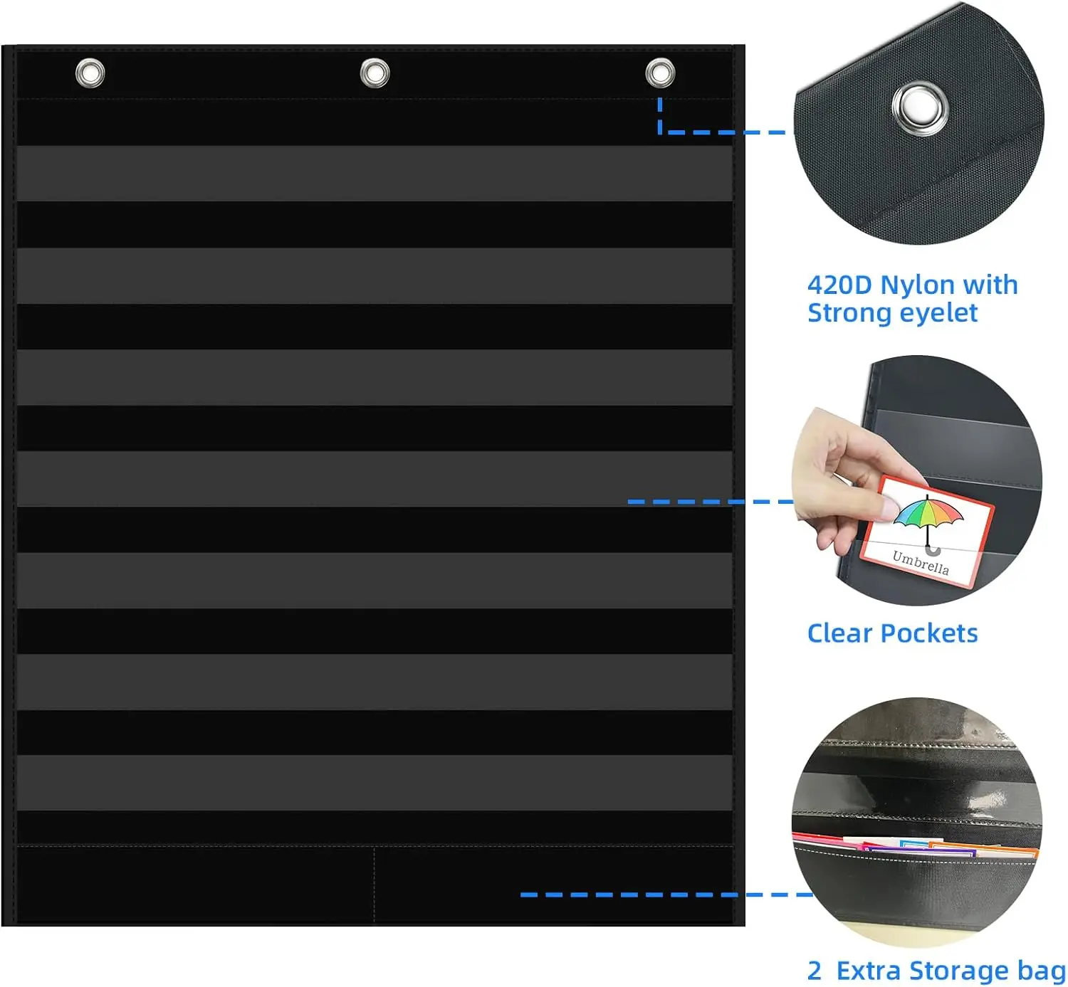 7+2 Pockets Standard Pocket Chart, Clear Pockets Words Chart with 2 Extra Storage Pocket for Classroom Home Office Use