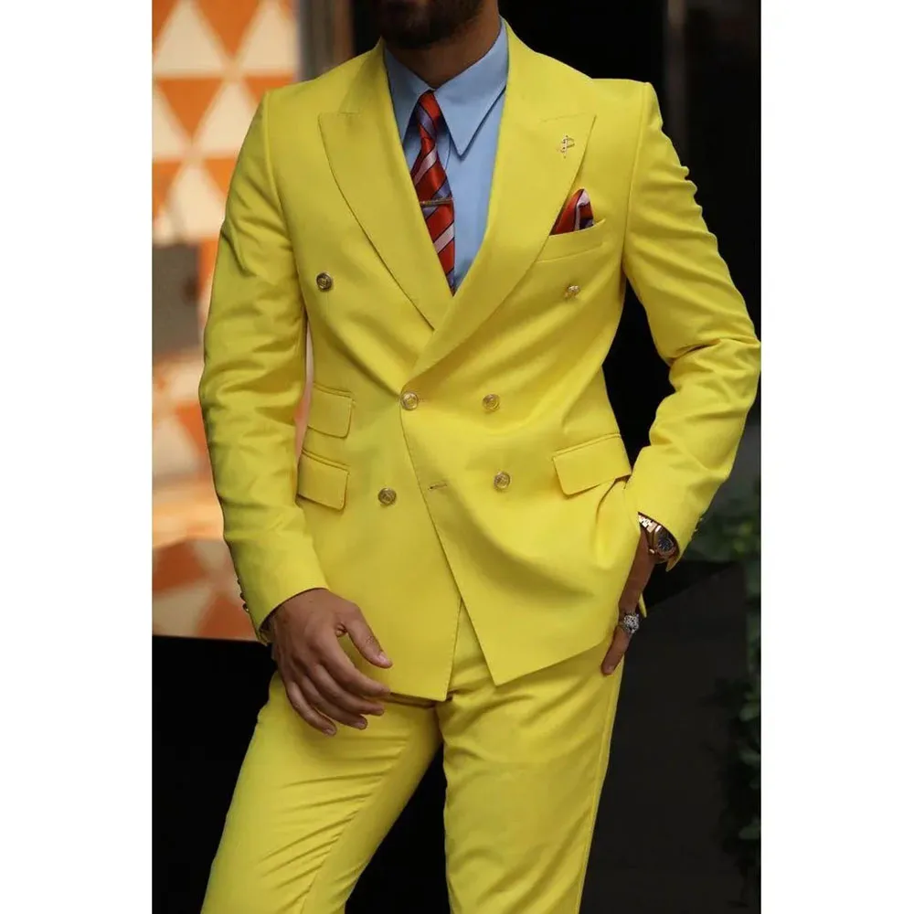 Formal Men\'s Suits Yellow Blazer Homme Double Breasted Peak Lapel Regular Length Elegant Prom Outfits 2 Piece Jacket Pants 031A