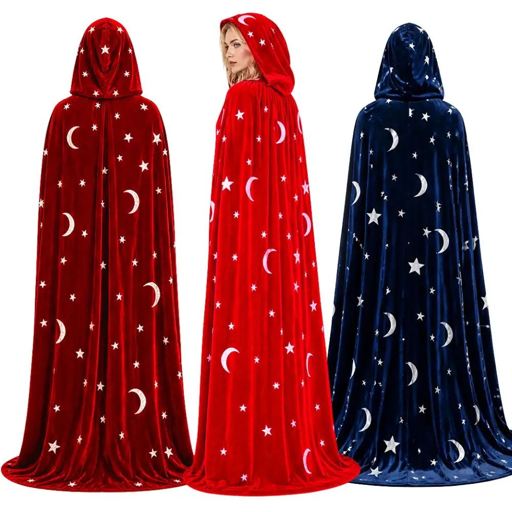 Halloween Vampire Bride Shawl Cosplay Cloak Magician Star Moon Gold Velvet Hooded Robe Holiday Party Dress Up