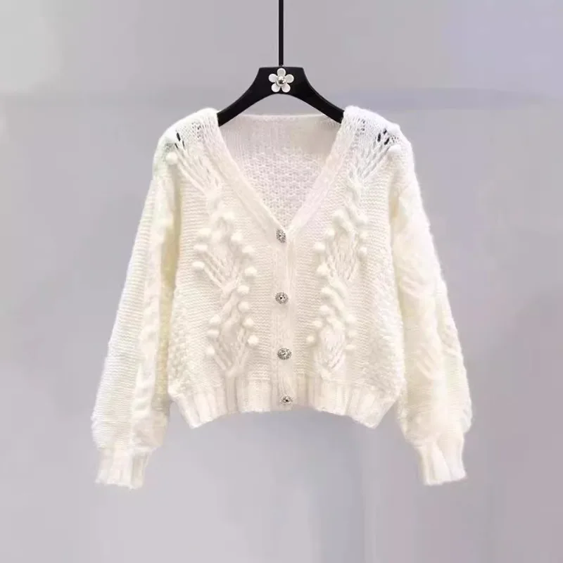 Cardigan lavorato a maglia con applicazioni a maniche lunghe da donna Hollow Pink Sweet Spring Autumn Scollo a V Top da donna Cappotto Maglione femminile francese