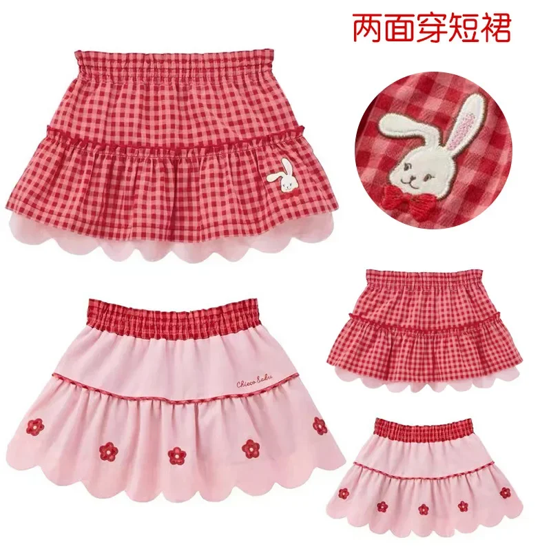 Children's Skirt 2024 Summer New Girl Cartoon Fugui Rabbit Embroidered Plaid Pleated Skirt