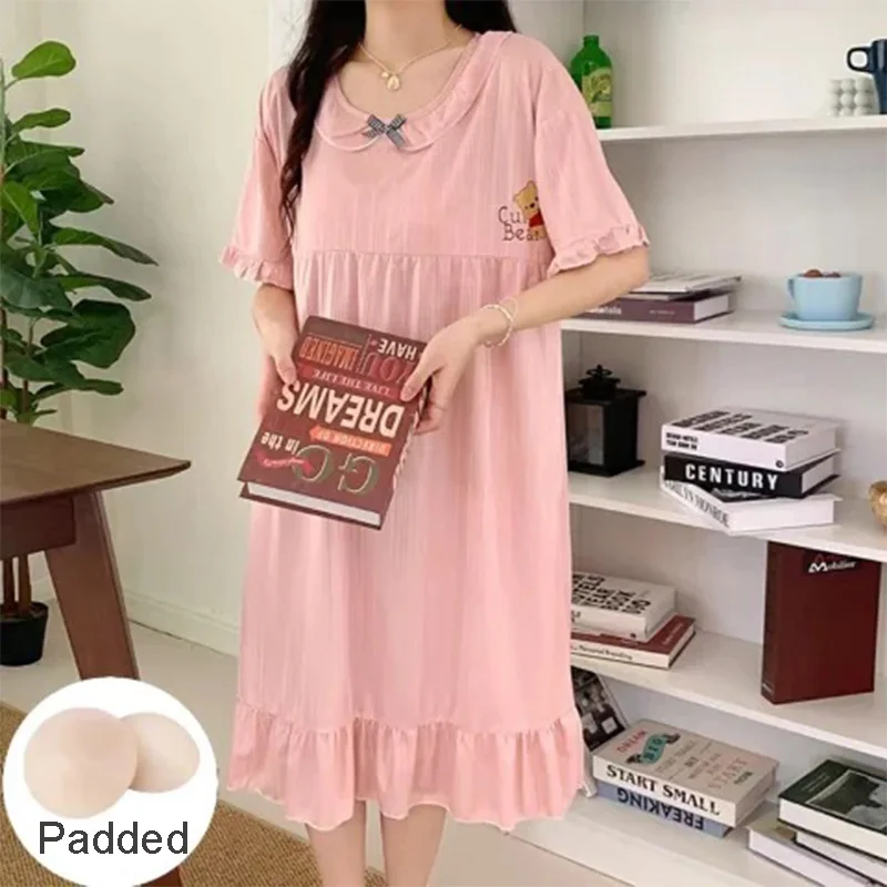 Women\'s Clothing Plus Size Nightgown Summer Short-Sleeved Pajamas Loose Korean Version Can Be Worn Outside The Fat Home Wear