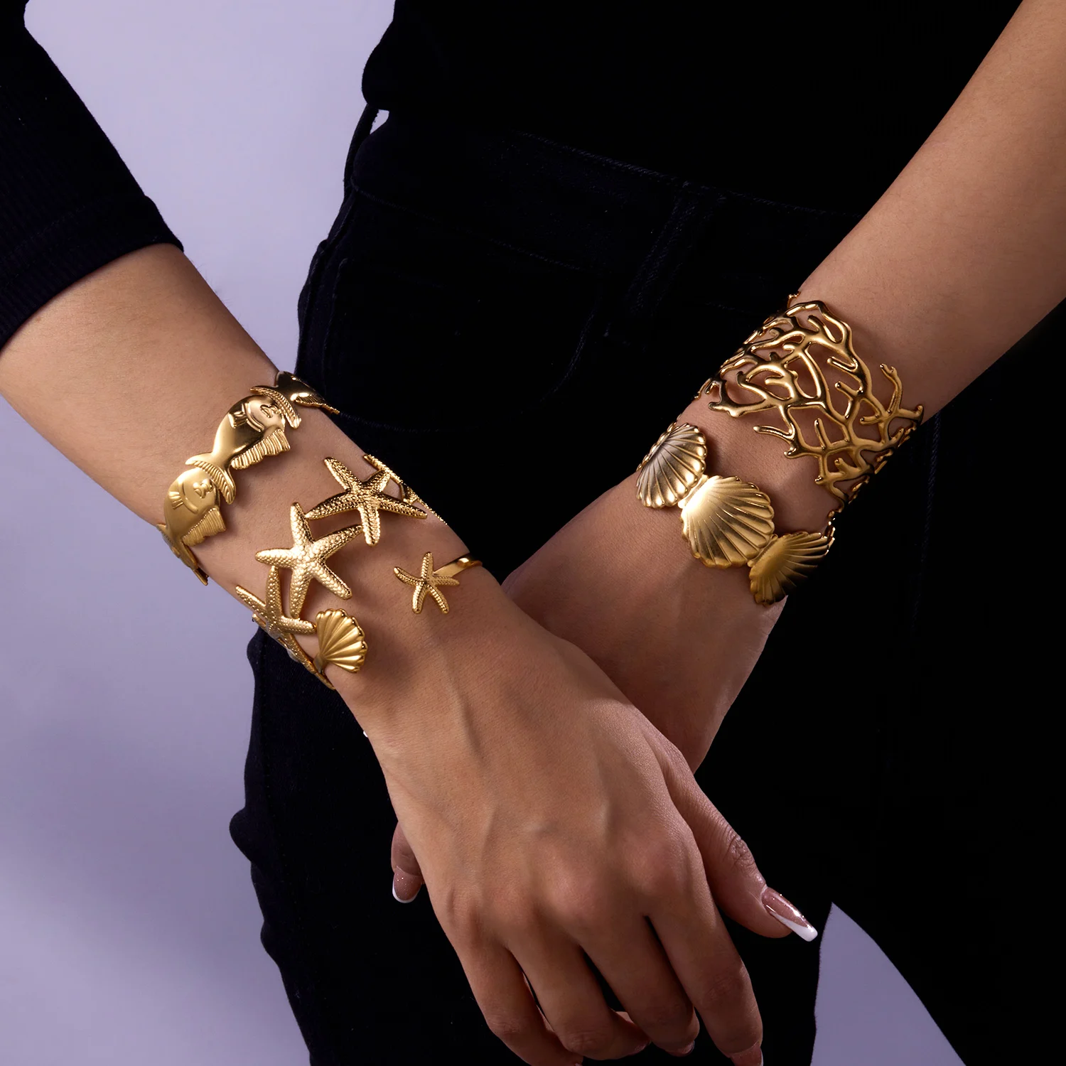 Punk Metall Edelstahl Armbänder Set Für Frauen Böhmen Herz Aushöhlen Offene Einstellbare Manschette Armreif Gold Farbe Schmuck Geschenke – Detail 12