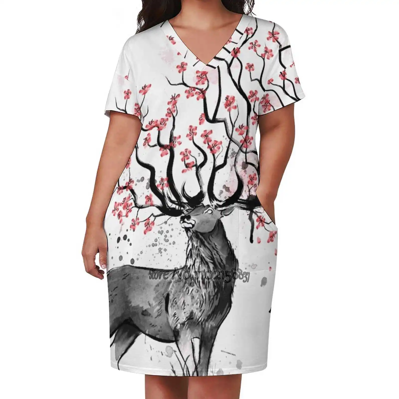 Sakura Deer V-Neck Short Sleeve Skirt Slim Skirts Loose Elegant Fashion Dress 5Xl Tree Sumi E Flowers Printer Animals