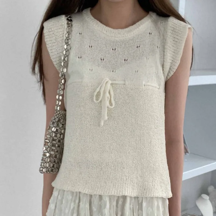 

Круглая футболка Sweet Hollow out Ice Silk Svel Ne ort, женский вязаный топ, модный галстук Bindi Ele, дизайн, лето...