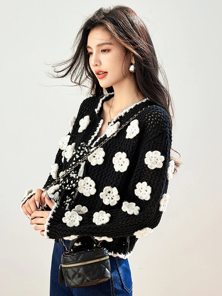 Knitted Cardigan Jacket Women\'s Autumn Winter Design Sense Niche Casual Loose Three-dimensional Crochet Sweater