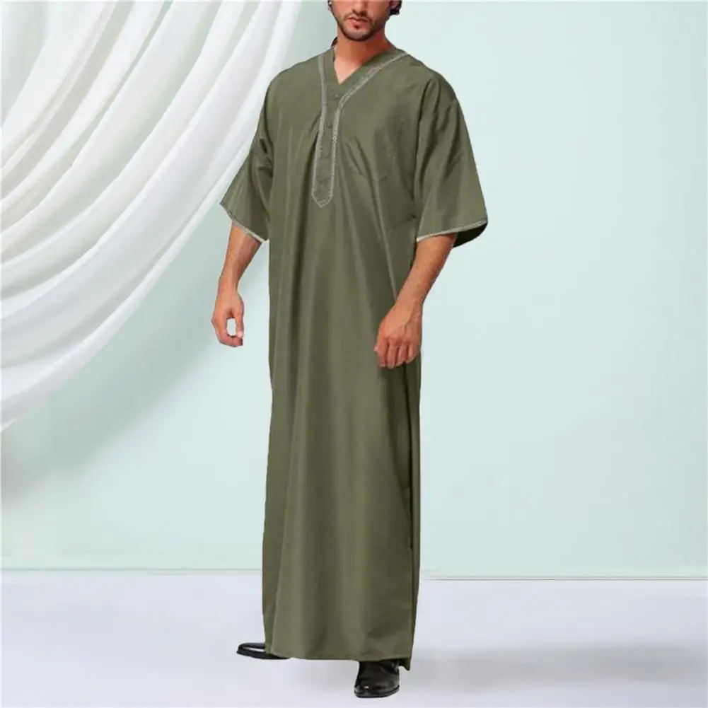 Men Robe Retro V Neck Button Chest Pocket Short Sleeves Loose Malaysia Middle East Arabian Dubai Traditional Maxi Robe Long Top