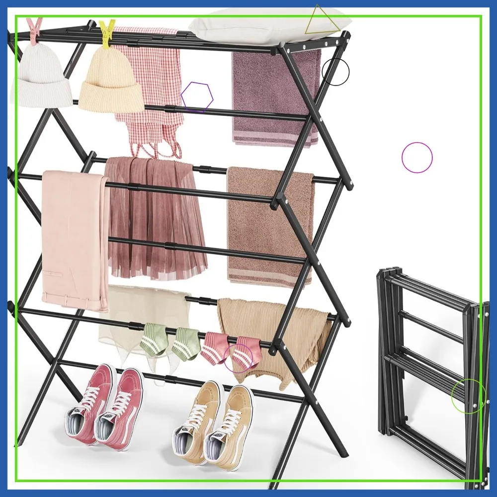 

3-уровневая расширяемая сушилка для одежды, складная металлическая сушилка для белья для внутреннего и наружного использования, черная