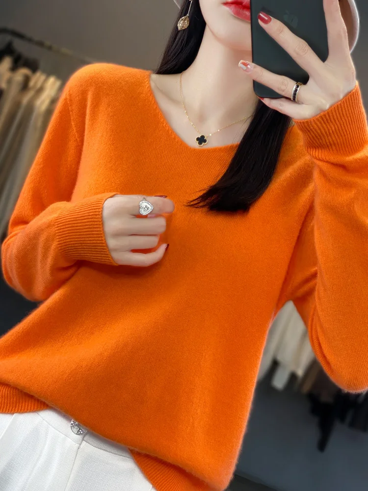 Autumn Winter Women Clothing Pullovers Aliselect New Fashion 100% Merino Wool Sweater V-Neck Long Sleeve Quality Knitwears Tops