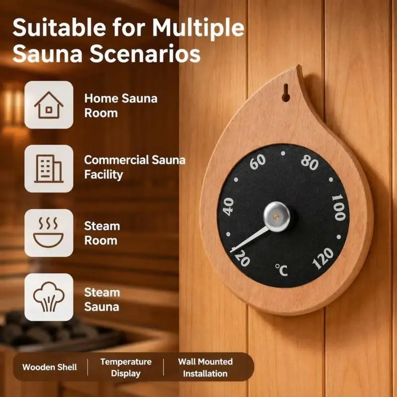 Sauna Room Temperature Gauge with Wooden Wall Mount, 20-120℃ Reading Face, Black Scale Print, and Rear Slot for Repeated 87HA