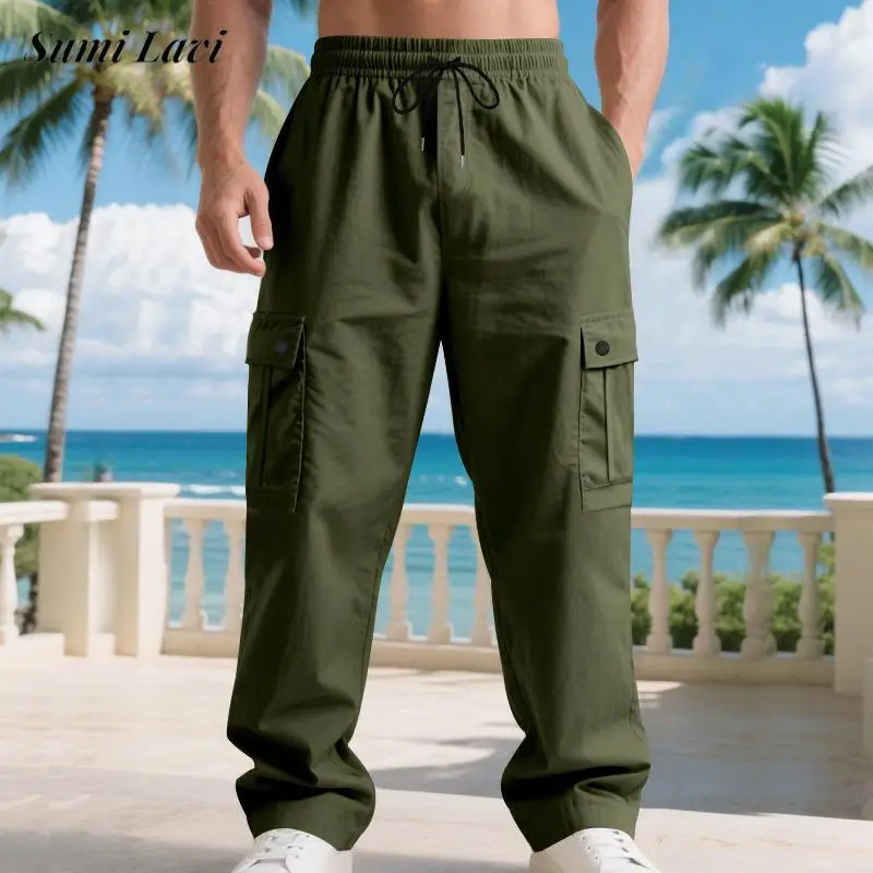 

Vintage Drawstring Multi Pockets Pants Men New Casual Loose Straight Trousers For Mens Sports Training Solid Color Trousers