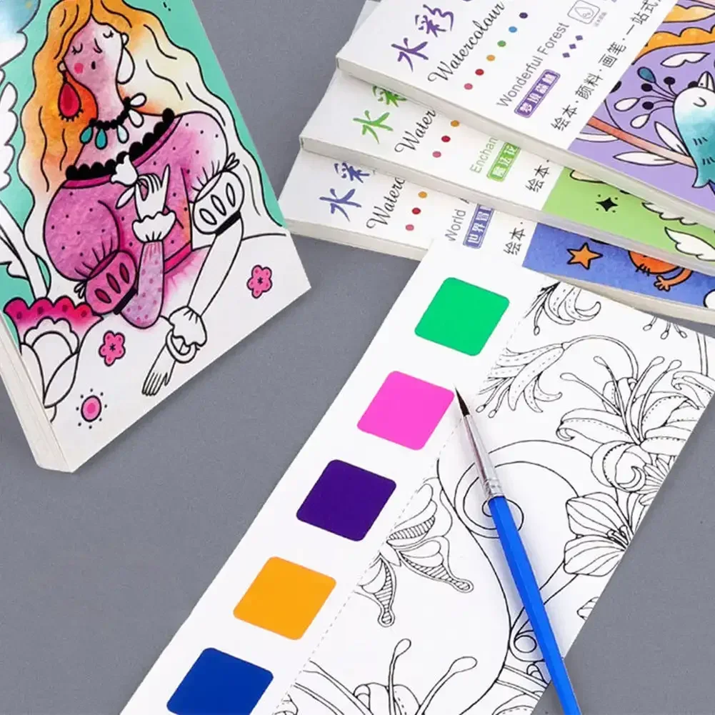 12 Sheets Portable Children Watercolor Coloring Books Paint with Water Kids Adult Gouache Graffiti Picture Drawing Painting Gift