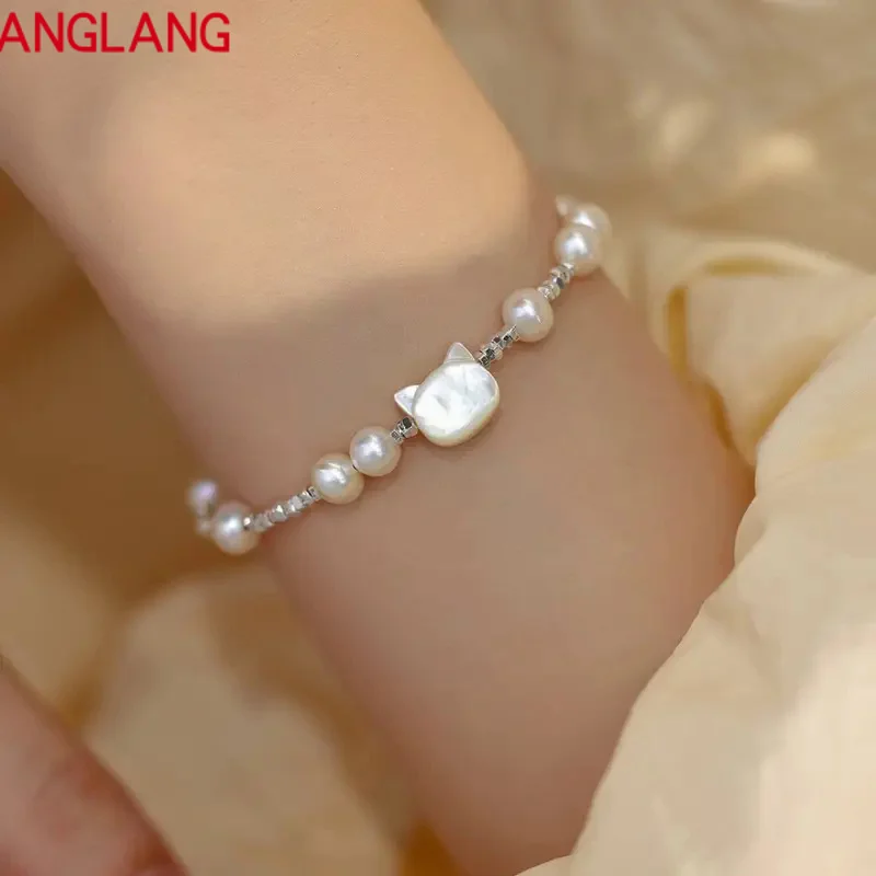 Bracelet Women's Natural Freshwater Pearl Beaded White Shell Cat Bracelet Light Luxury Niche 2023 New Style  Ping An Nafu