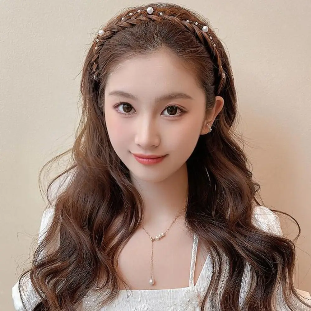 

Sweet Synthetic Fishbone Braid Headband Wide Non-slip Women Hair Hoop Hairband Pearl Twisted Wig Headband Girl