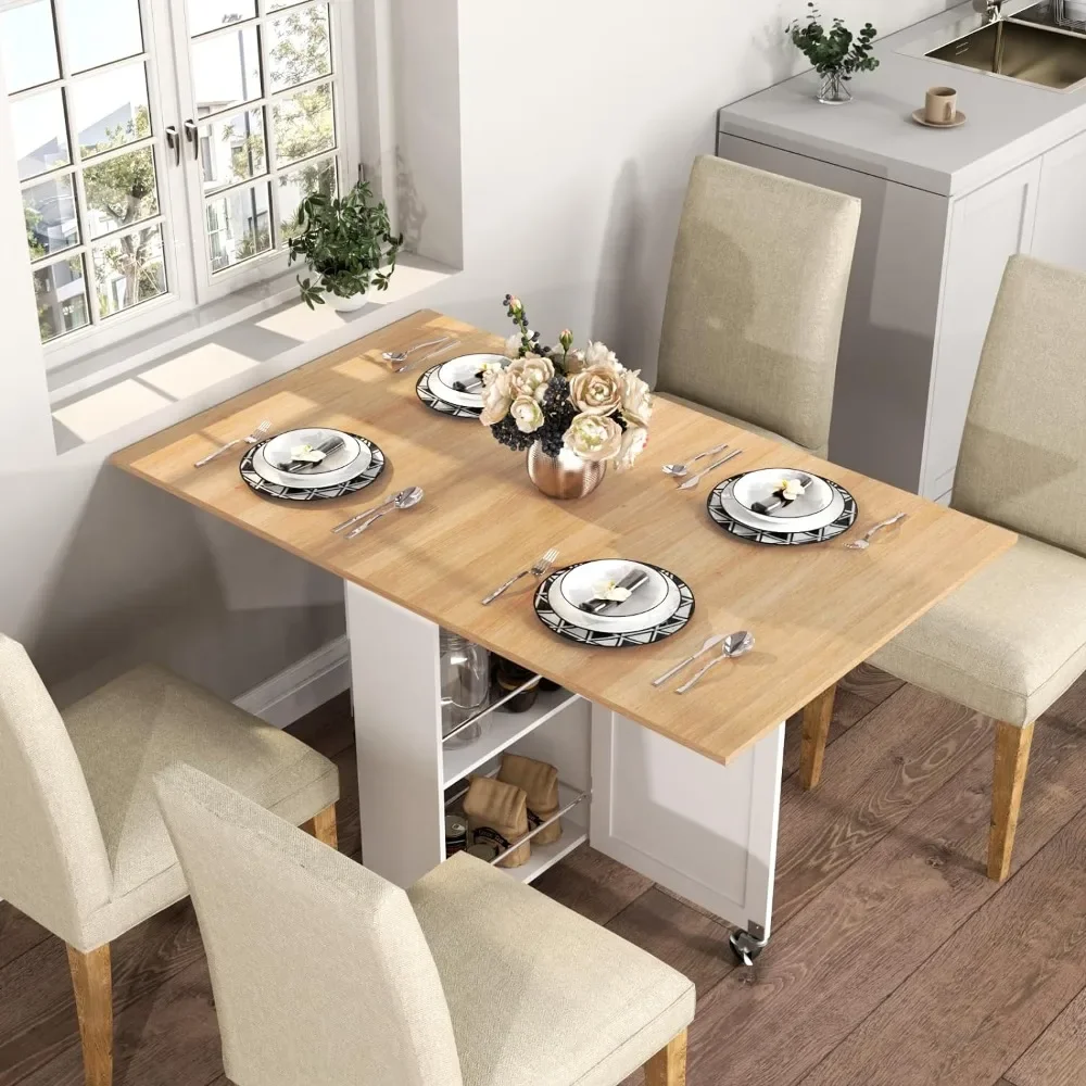 Folding Dining Table, Dinner Table with Drawer and Storage and Shelves, Space Saving Dining Table with 6 Wheels