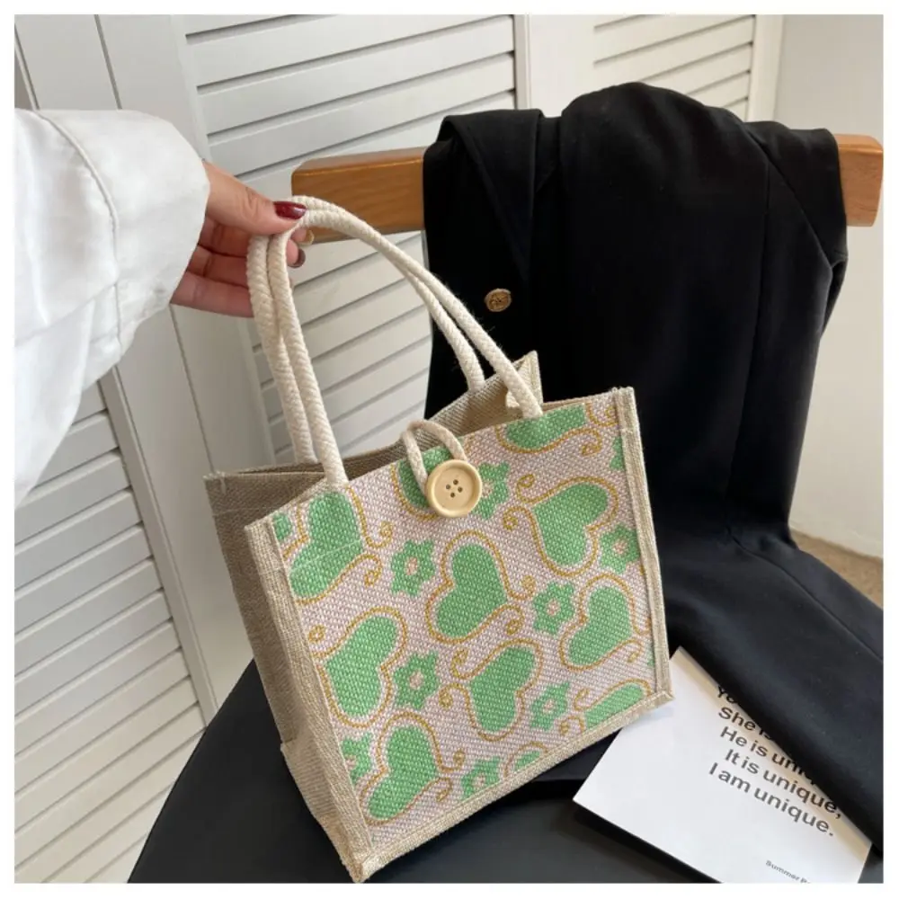 Love Flower Print Canvas Handbag Simple Linen Fabric With Button Picnic Breakfast Bag Reusable Lunch Bags Office Worker