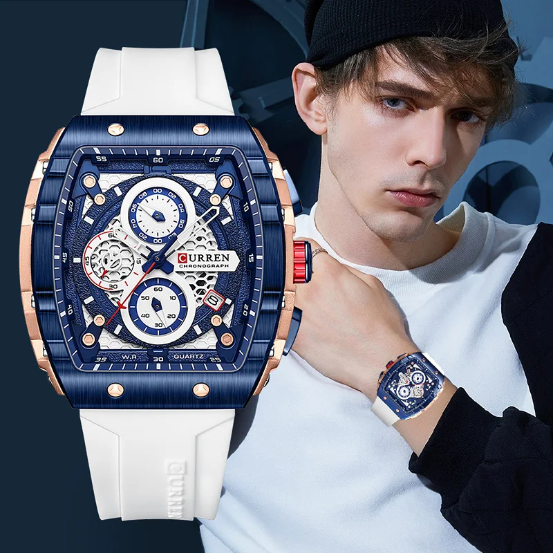 CURREN New Fashion Square Dial & Silicone Strap  Mens Watches Luxury Sport Waterproof Watch Man Chronograph Quartz WristWatches