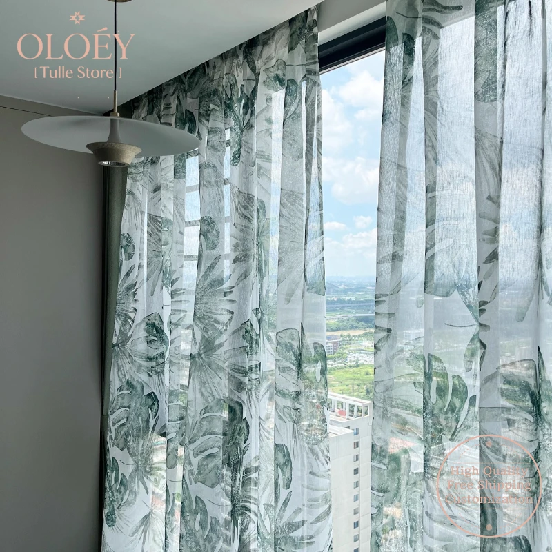 

Romantic Sheer Curtain for Bedroom Green Plant Pattern Light Filtering Translucent Living Room Fresh Floral Design Window Drapes