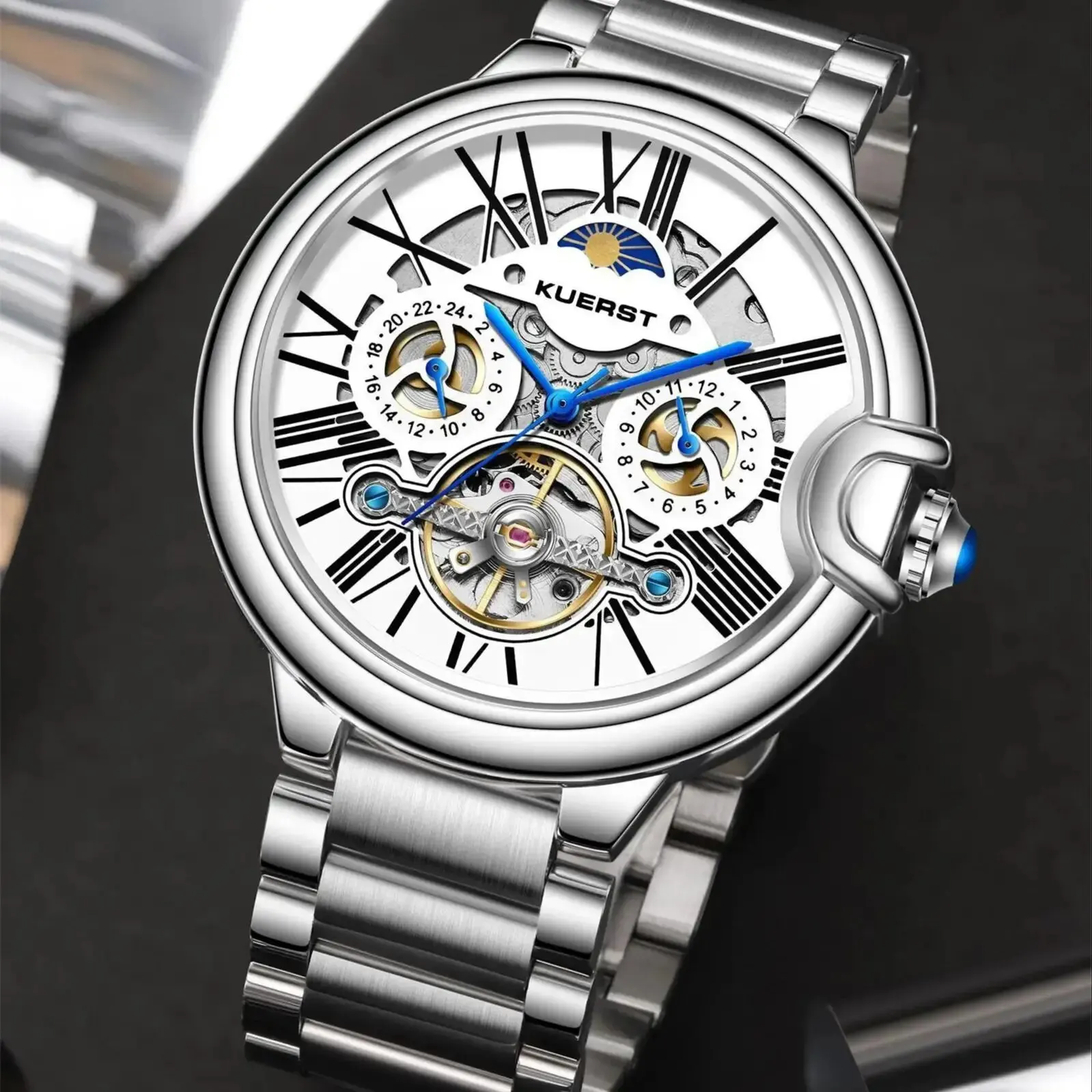 KUERST Day Star Double Press Bow Button Automatic Mechanical Multi Function Waterproof 24 Hours/flywheel Fashion Watch