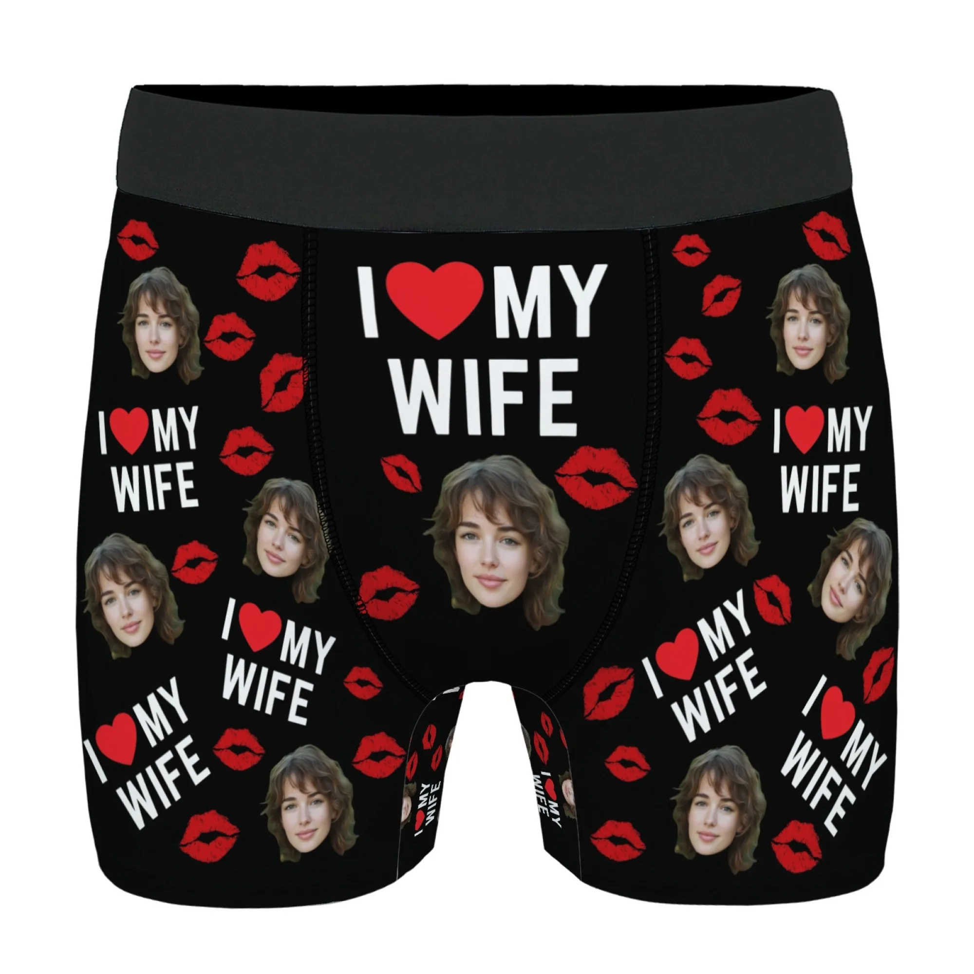 Romantyczny, słodki prezent na Walentynki dla męża - personalizowane bokserki z nadrukiem twarzy, czarne, z napisem \\\\\\\"Kocham MOJĄ ŻÓŁWĘ\\\\\\\" i czerwonym nadrukiem ust - wyjątkowy prezent.
